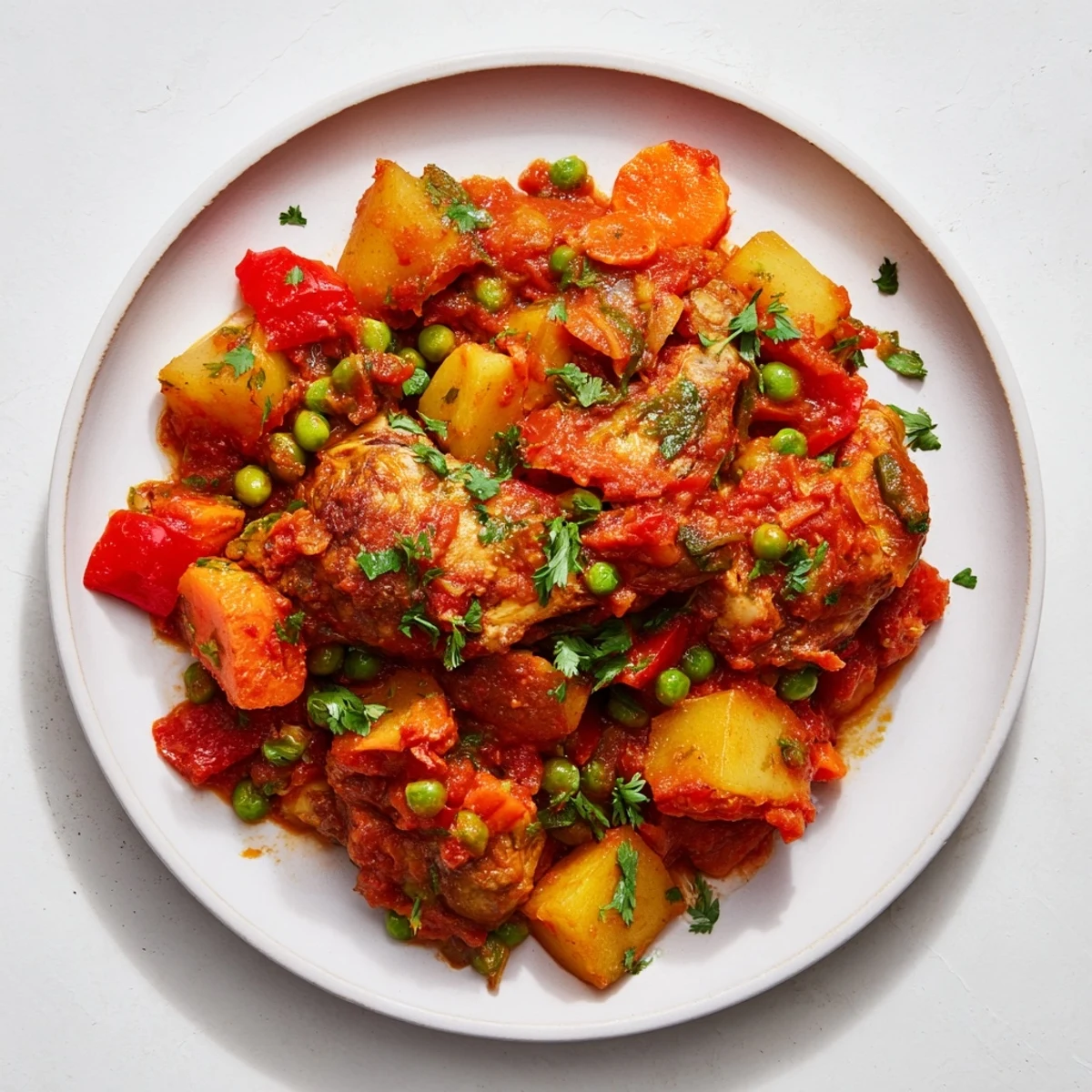 Spiced Aroma stew: A steaming bowl with tender chicken and vibrant vegetables, perfect for a cozy dinner.