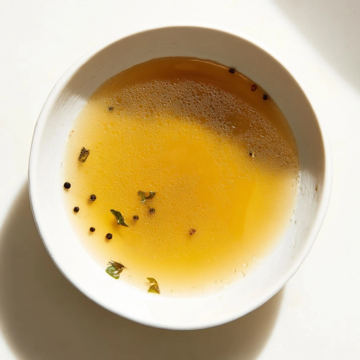 Golden-hued beef bone broth simmering in a large pot, rich with vegetable aromatics.