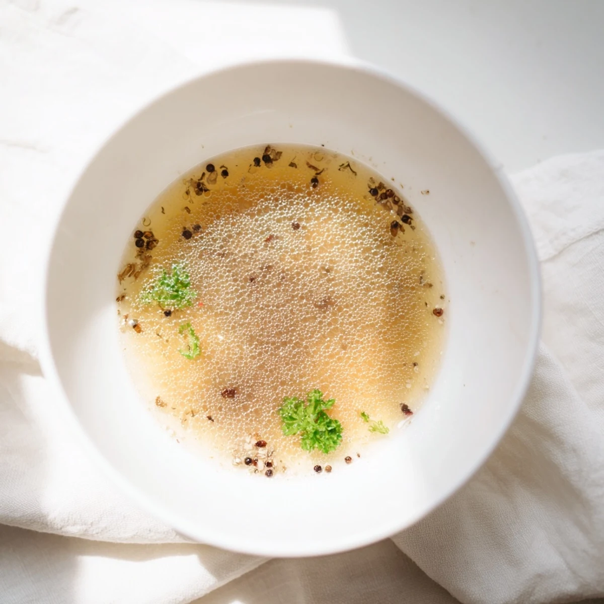 The image shows a steaming bowl of flavorful beef bone broth ready to enjoy.