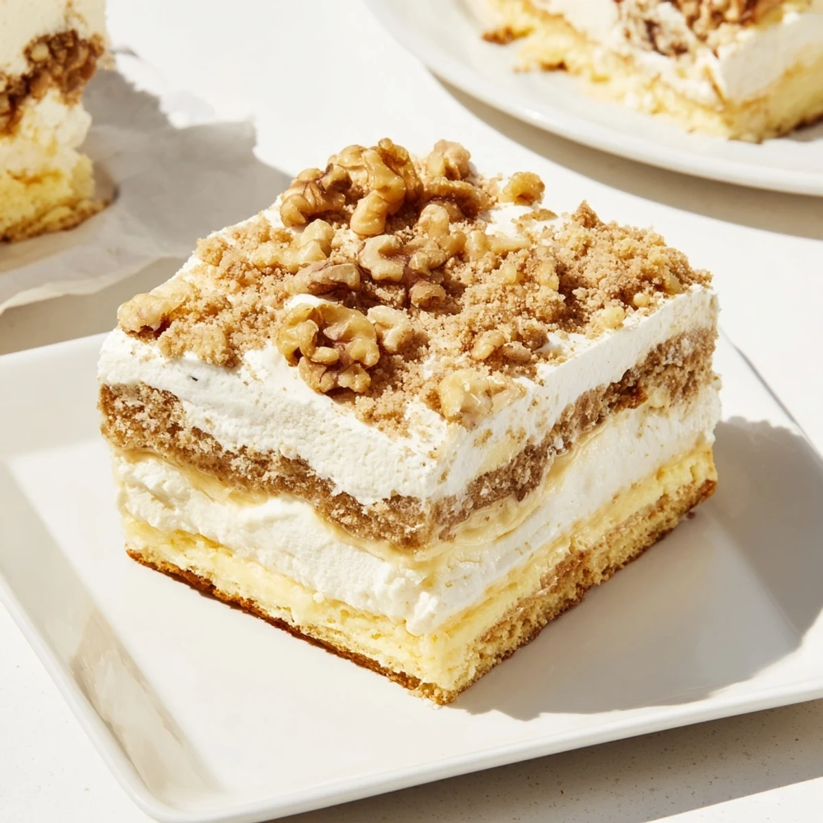 Close-up of freshly baked Perfection dessert with golden, crispy topping and a creamy filling.