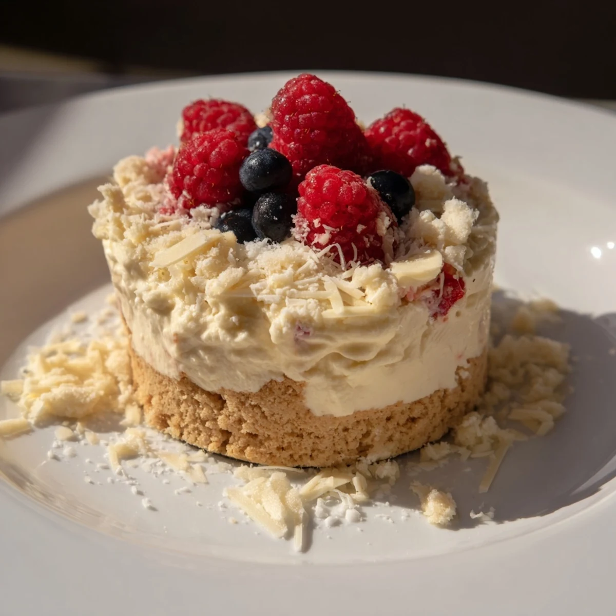 Creamy Delight dessert, layered with whipped cream and biscuits, garnished with white chocolate and berries.