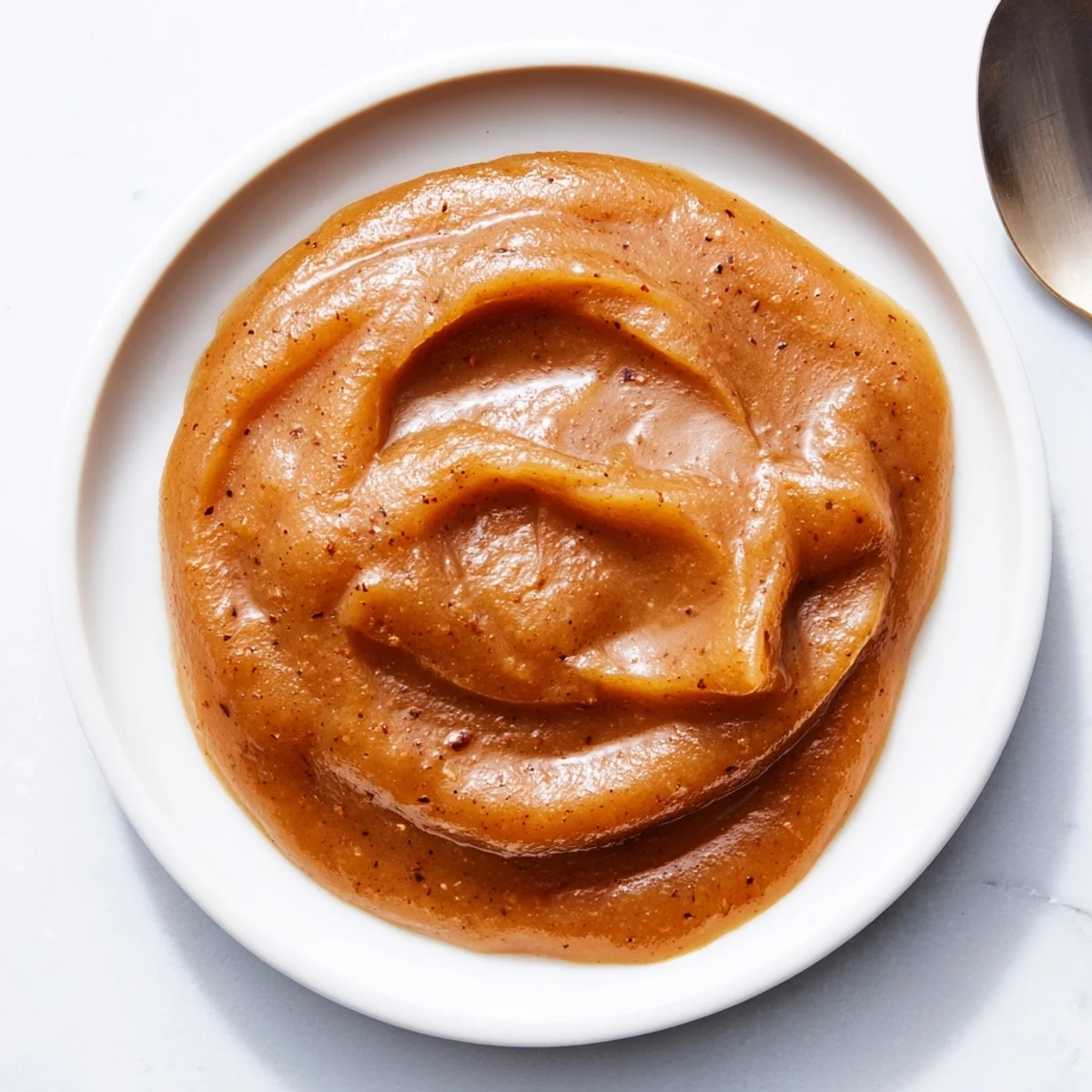 Warm, spiced Spiced Apple Butter, a deep-brown swirl ready to be spread on warm toast.