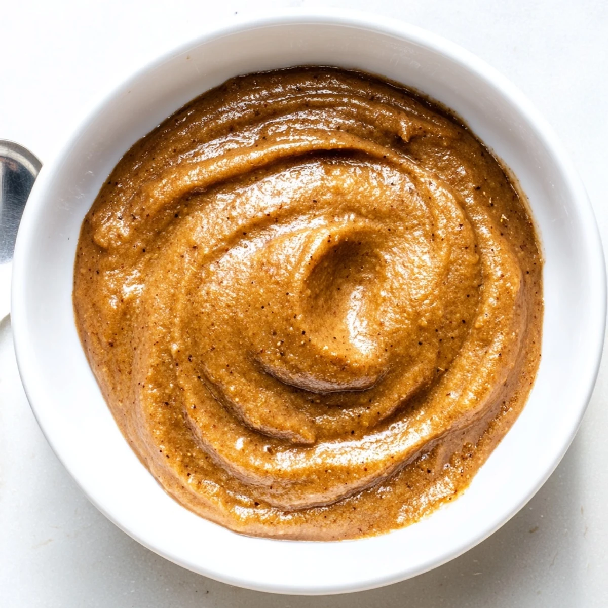 Homemade Spiced Apple Butter glistening in a jar, perfect for gifting or a taste alongside pancakes.