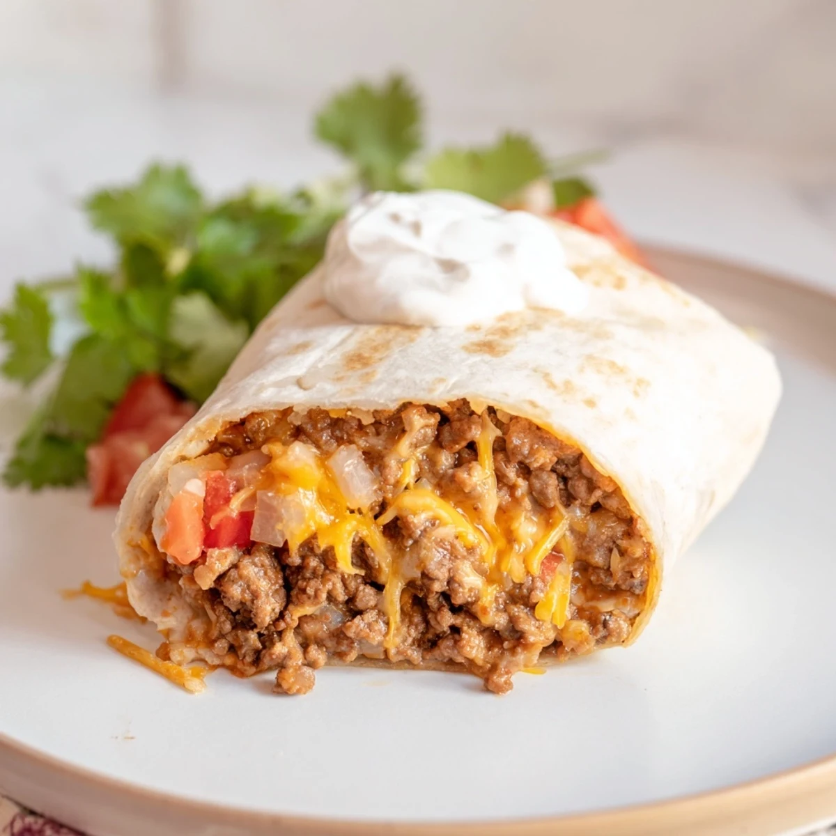 Steaming beef and bean burritos, oozing melted cheese, ready to be served with fresh toppings.