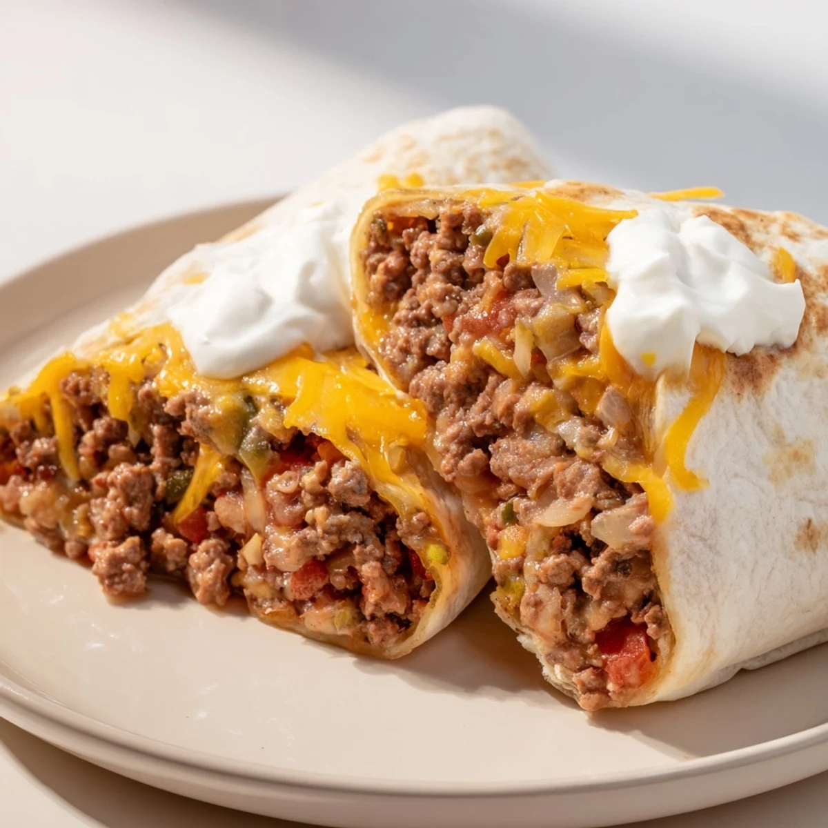 Delicious, fully-loaded beef and bean burritos, with a beautifully charred exterior, awaiting a tasty bite.