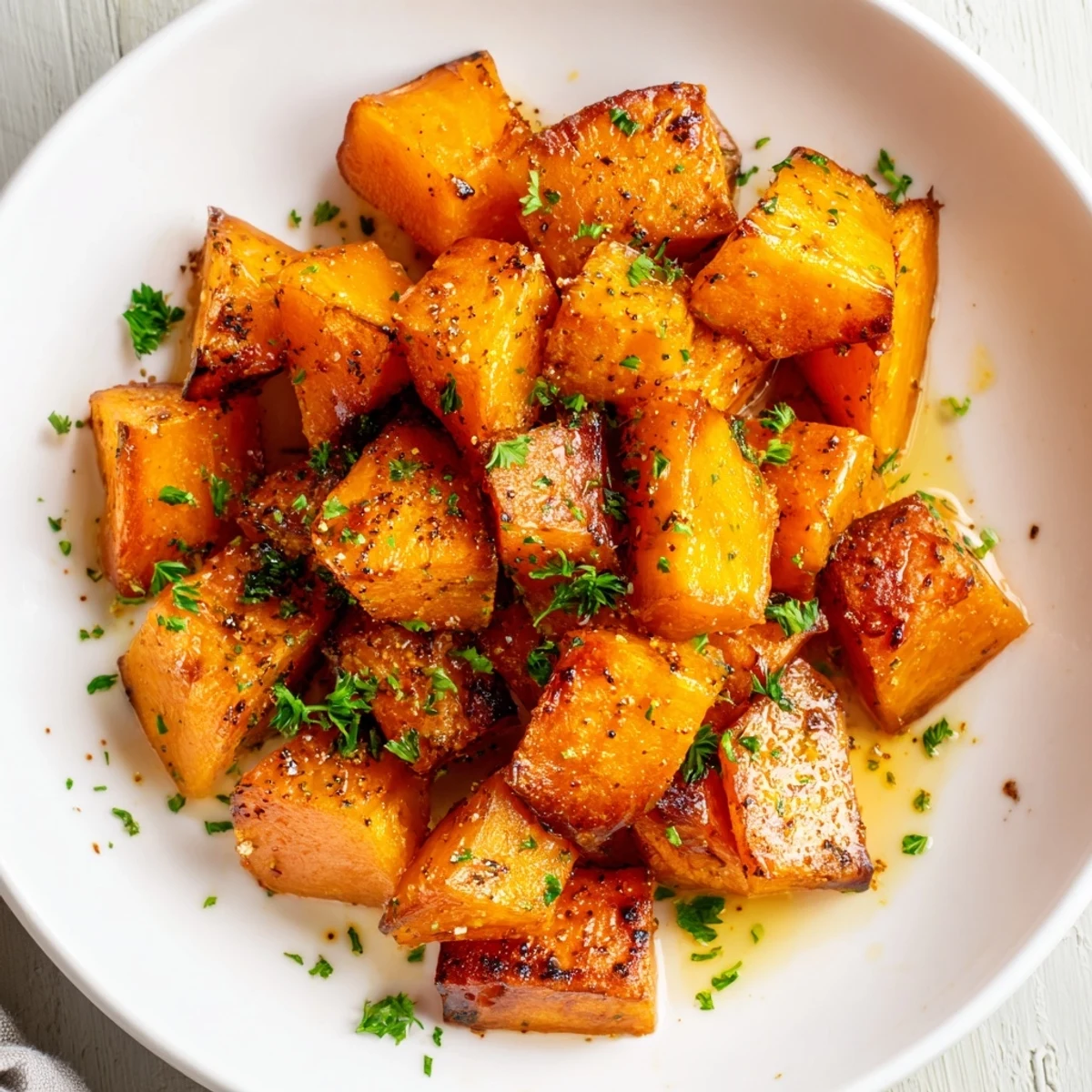 Tender, caramelized roasted sweet potatoes, enhanced with cinnamon, ready for your plate.
