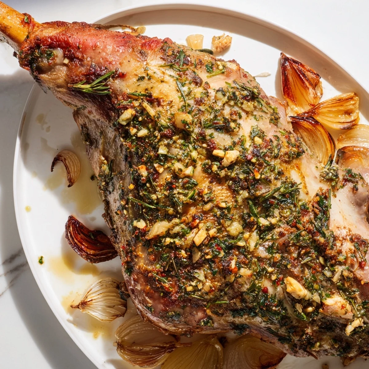 Close-up of Herb Roasted Turkey Legs, featuring crispy skin and aromatic herbs, a tender and delicious dish.