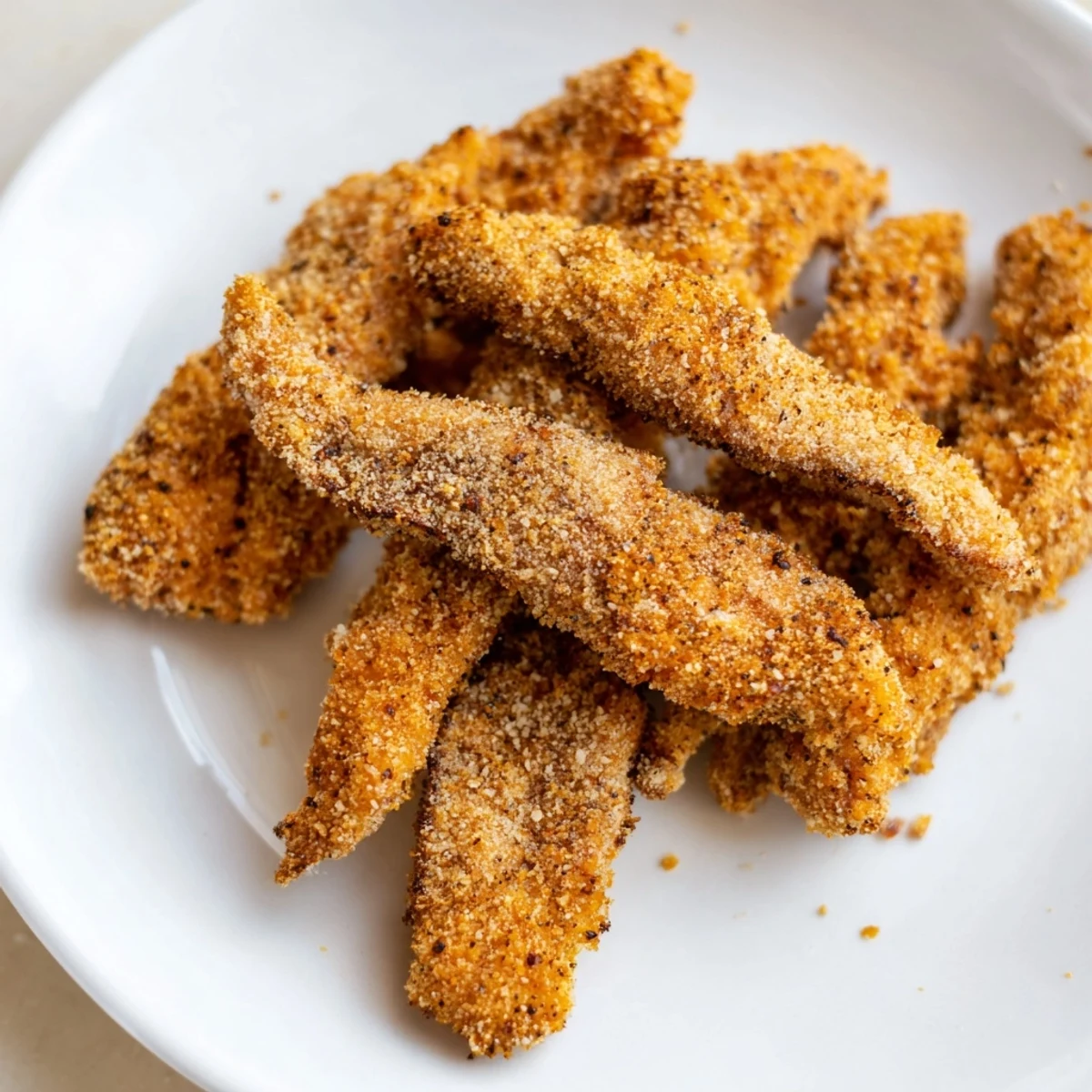 Plate of delicious, homemade crispy chicken tenders, ready to be enjoyed as a family meal.