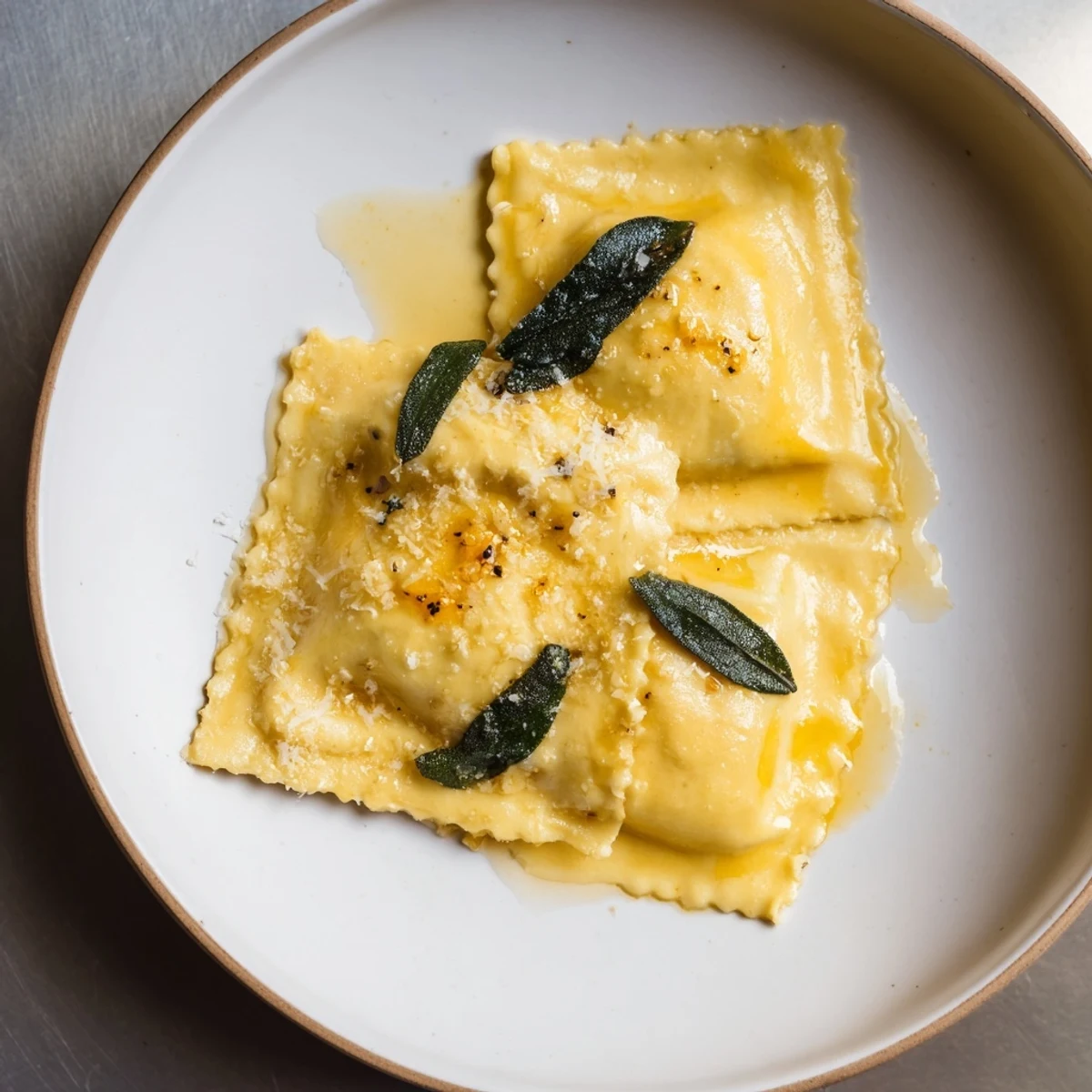 Golden brown butternut squash ravioli, swimming in a rich, flavorful sage butter sauce.
