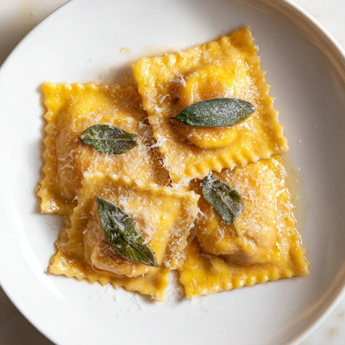 Plump butternut squash ravioli, cooked to perfection, ready to be sprinkled with Parmesan.