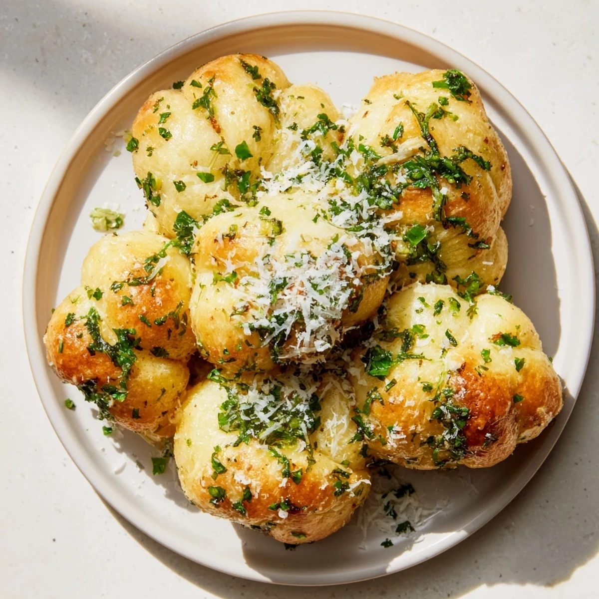 Golden-brown garlic Parmesan knots, freshly baked and brushed with rich, savory garlic butter.
