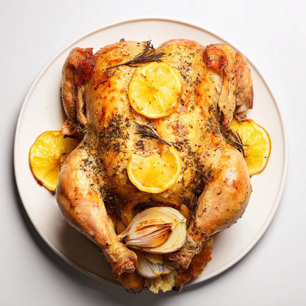 Golden, crisp Lemon Garlic Roasted Chicken, glistening with flavorful herbs and ready to serve.