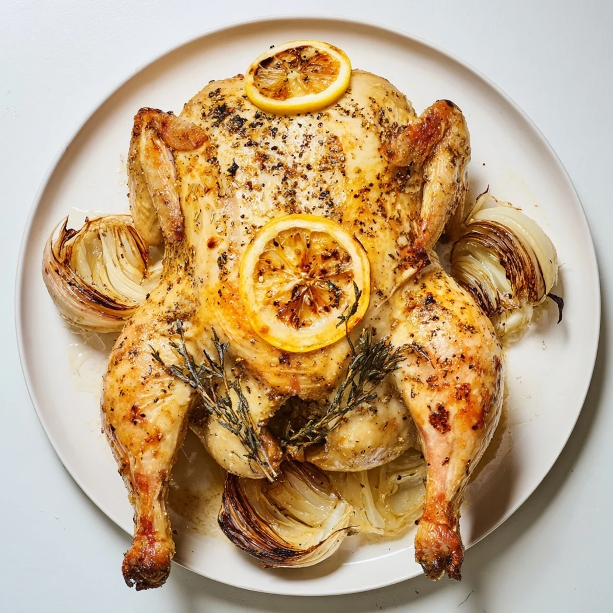 Juicy Lemon Garlic Roasted Chicken, a delightful American comfort food with roasted lemon slices.