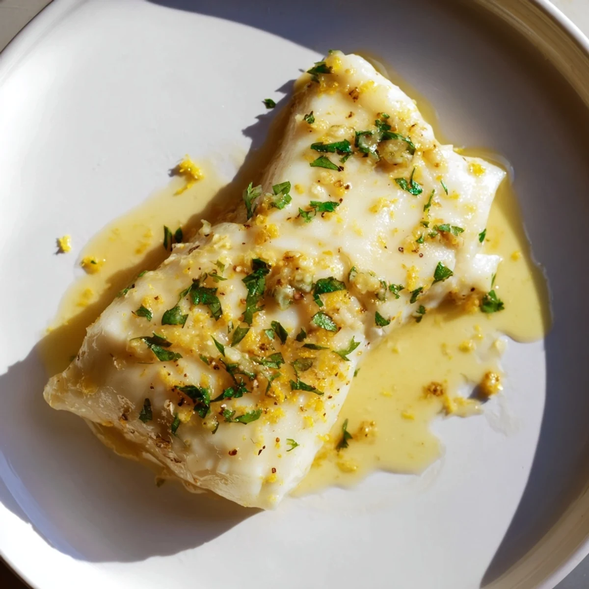 Perfectly cooked Baked Cod with Lemon Butter Sauce, drizzled with aromatic, fresh herb sauce.