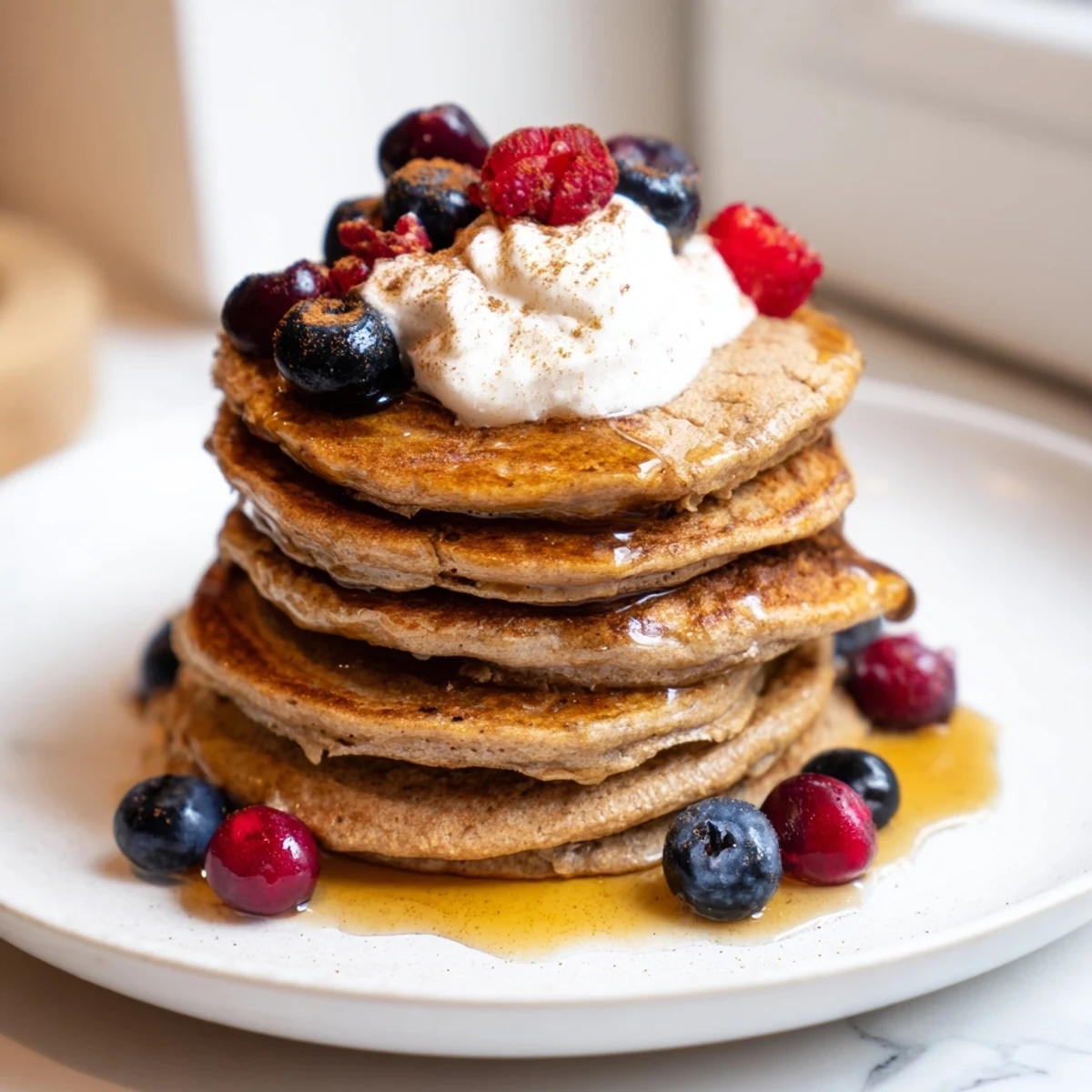 Stack of warm Gingerbread Spiced Pancakes with fresh berries, offering a delightful breakfast experience.