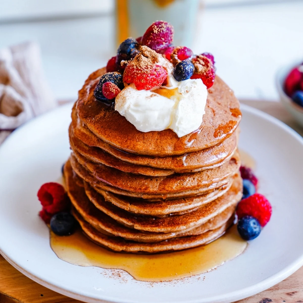 Golden-brown Gingerbread Spiced Pancakes, fluffy and drizzled with maple syrup, ready to eat.