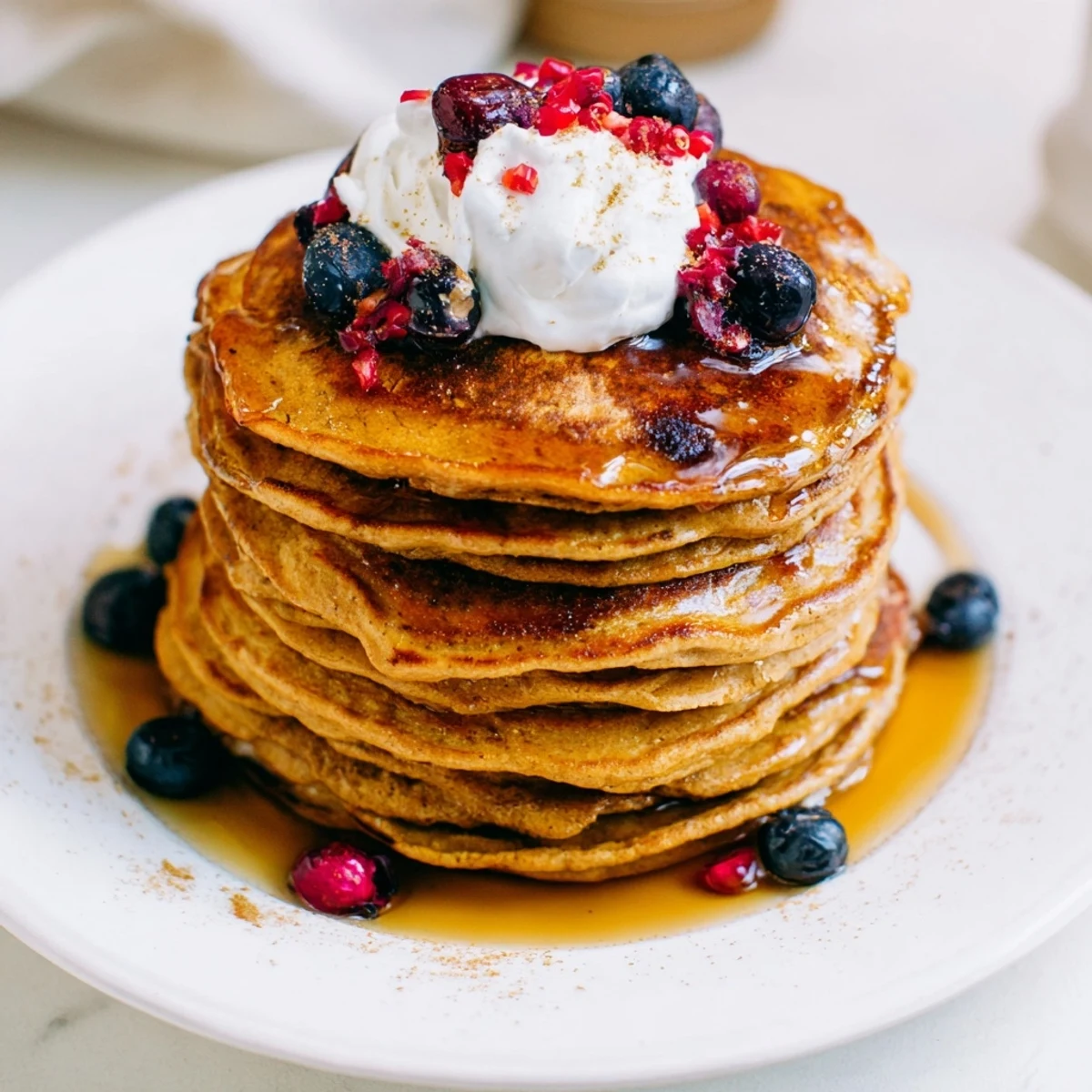 Close-up shot shows the delicious Gingerbread Spiced Pancakes with dusting of powdered sugar.
