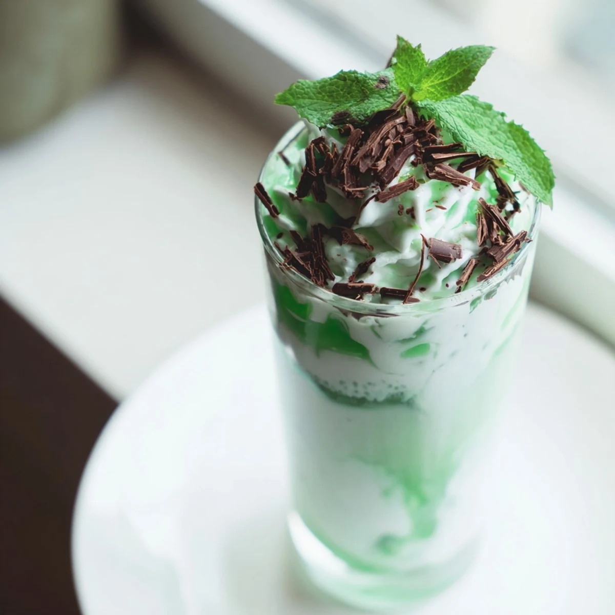 Homemade Peppermint Cool, blended to creamy perfection and garnished with fresh mint leaves and chocolate.