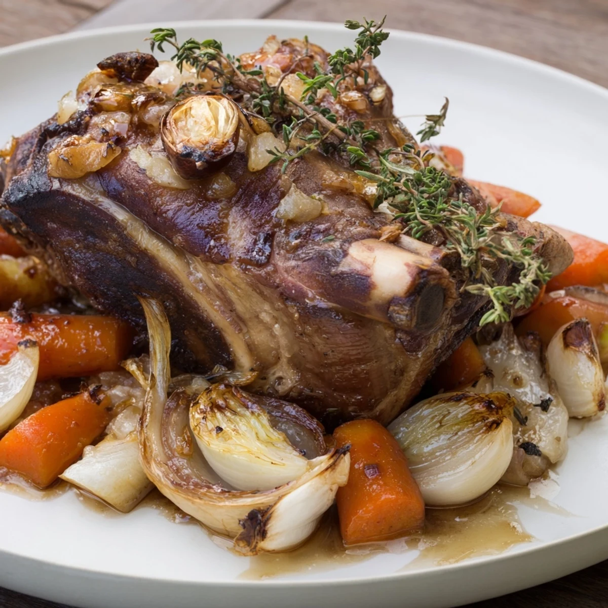 Juicy slow roasted lamb shoulder with garlic, perfectly tender and ready to serve on a plate.