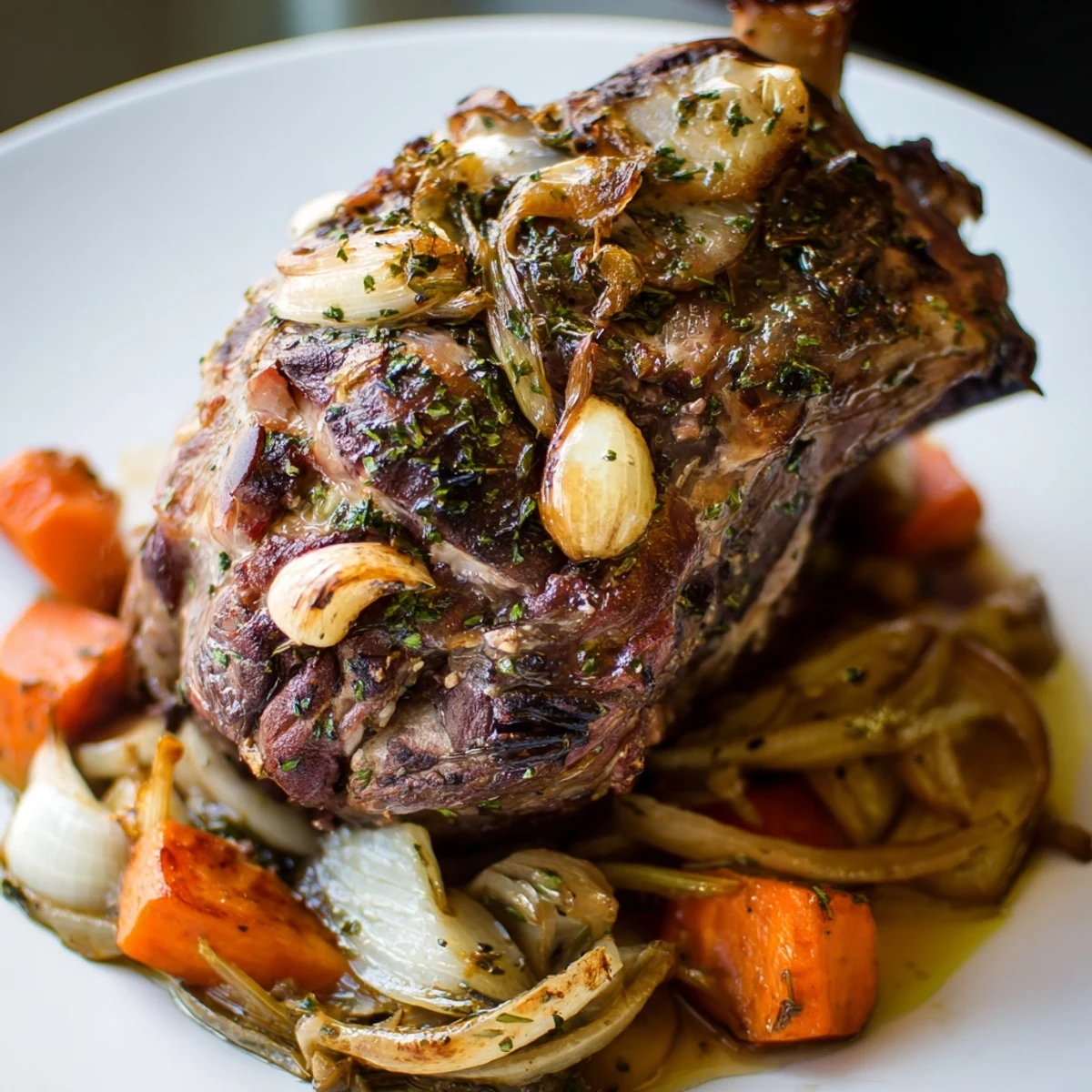 Golden-brown slow roasted lamb shoulder with garlic, falling off the bone, aromatic herbs glistening.