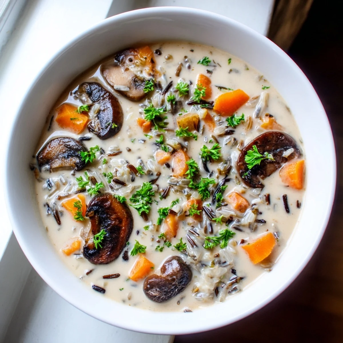 Enjoy a steaming bowl of Creamy Mushroom and Wild Rice Soup, garnished with fresh parsley for vibrant flavor.