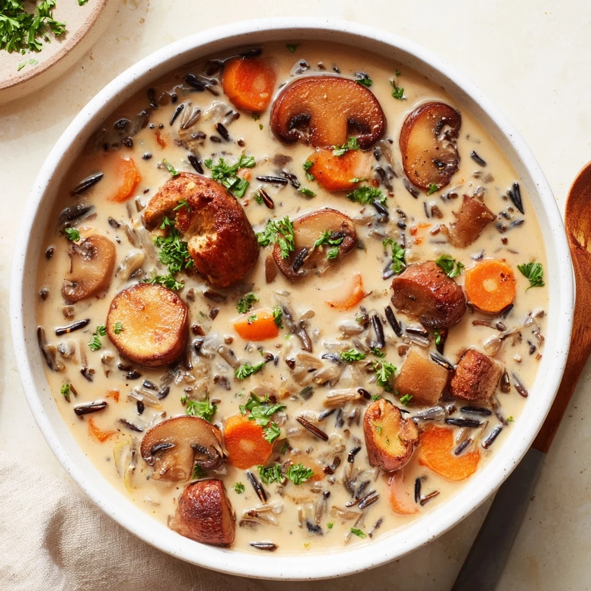 Creamy Mushroom and Wild Rice Soup, a hearty bowl brimming with tender mushrooms in a rich, creamy broth.