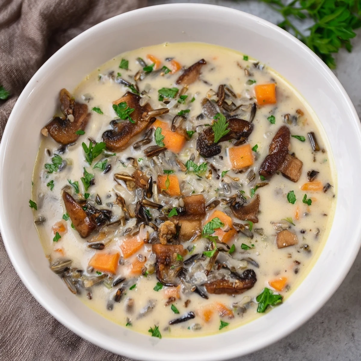 The comforting flavors of Creamy Mushroom and Wild Rice Soup offer a delightful combination of textures, ready to enjoy.