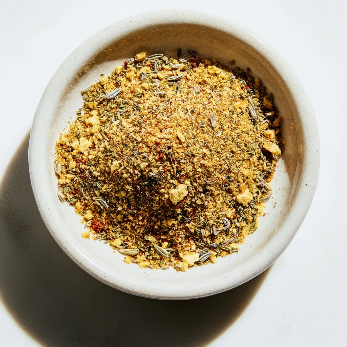Dried herbs and spices combined to make the flavorful Savory Note seasoning blend, ready for use.