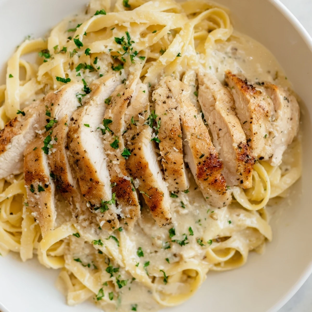 Golden brown sliced chicken atop creamy chicken Alfredo, a delightful Italian-American comfort food dinner.