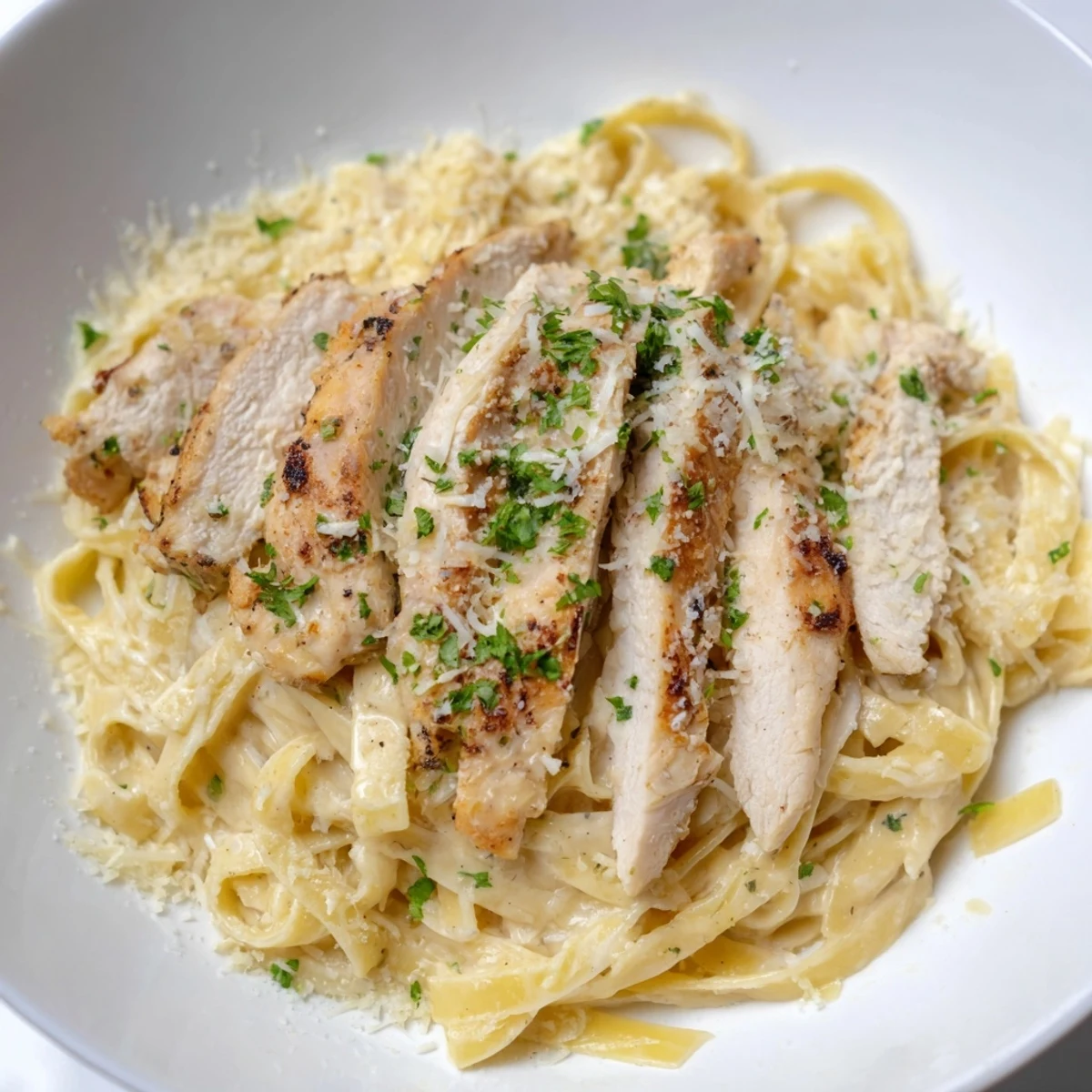 Steaming plate of creamy chicken Alfredo, featuring fettuccine pasta and a rich, cheesy sauce.