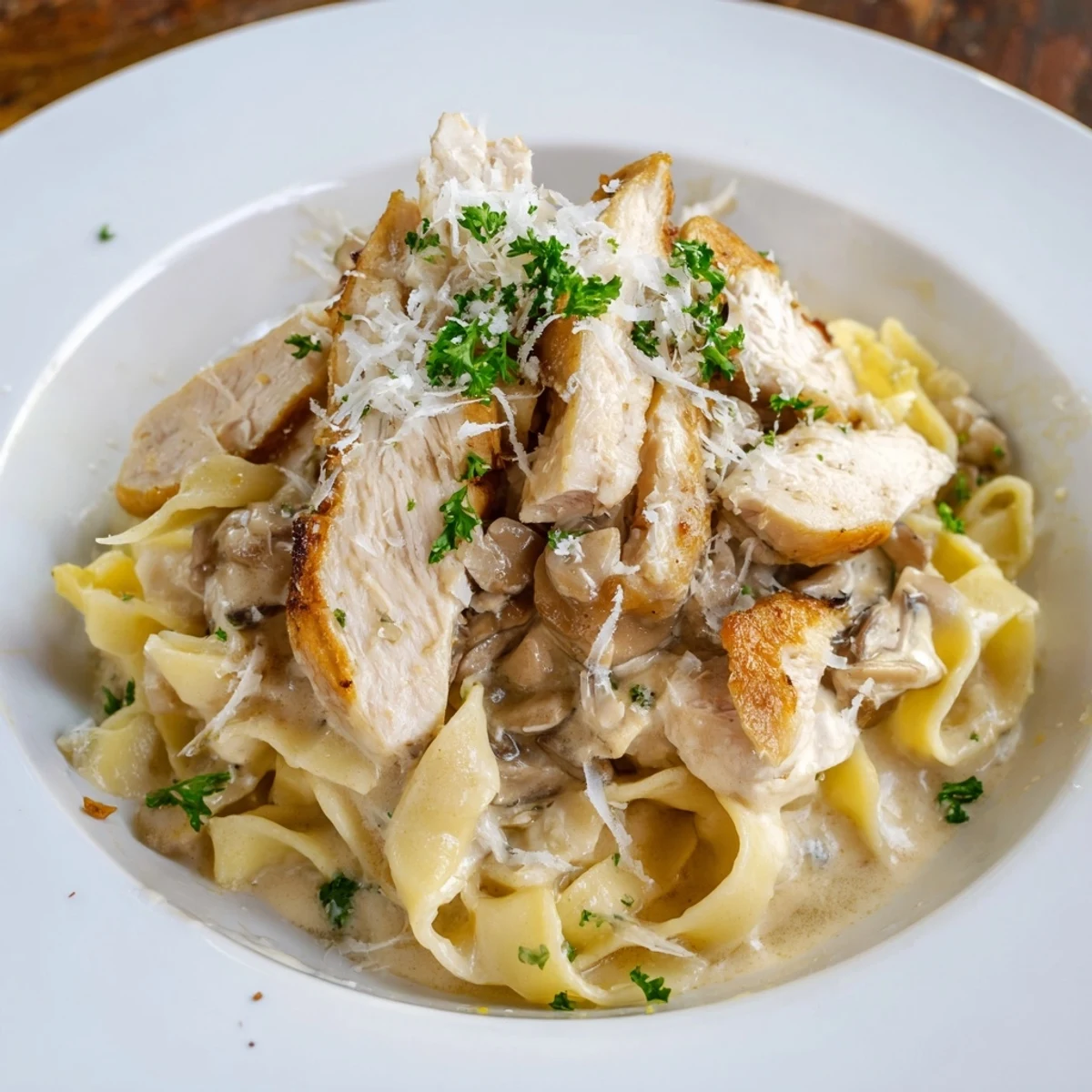 Fresh parsley garnish over creamy chicken Alfredo creating a savory and visually appealing dish.