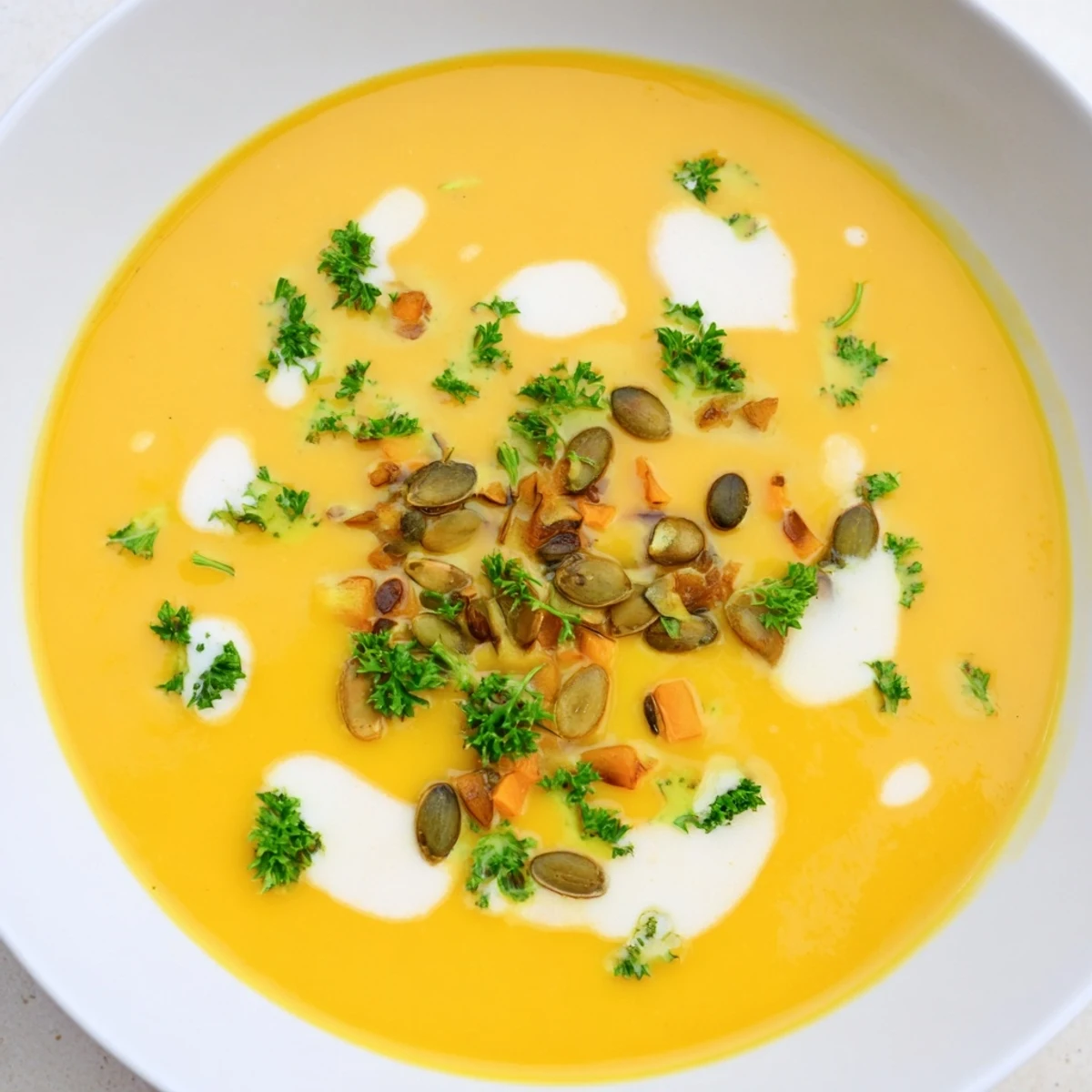 Steaming bowl of Savory Pumpkin Soup, garnished with fresh herbs and a swirl of cream.