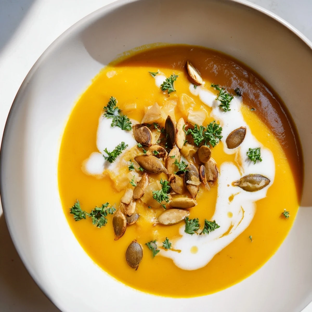 Creamy, golden Savory Pumpkin Soup, offering a comforting aroma of fall spices and vegetables.