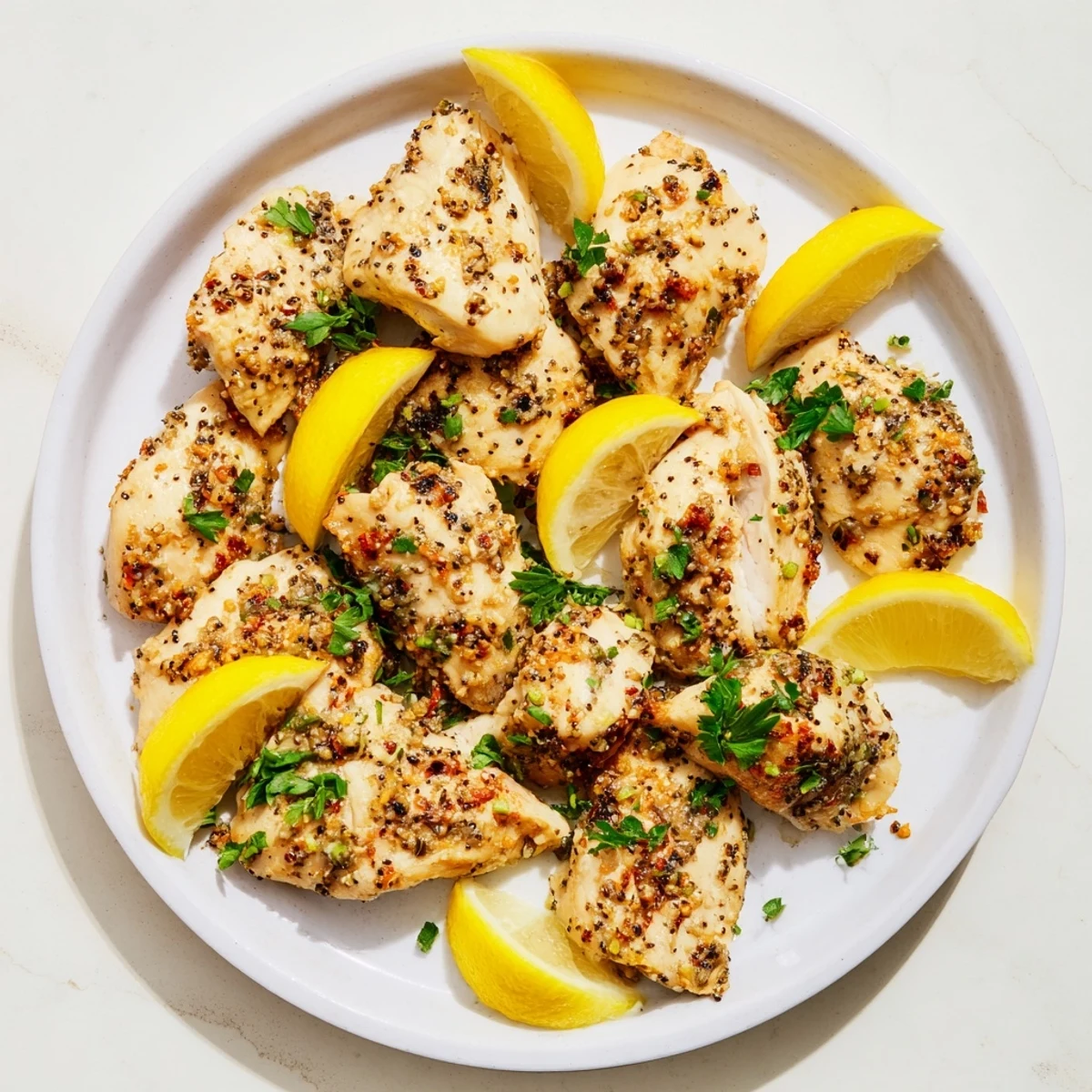 Golden-brown Baked Lemon Pepper Chicken, glistening with flavorful marinade, ready to serve with fresh parsley.