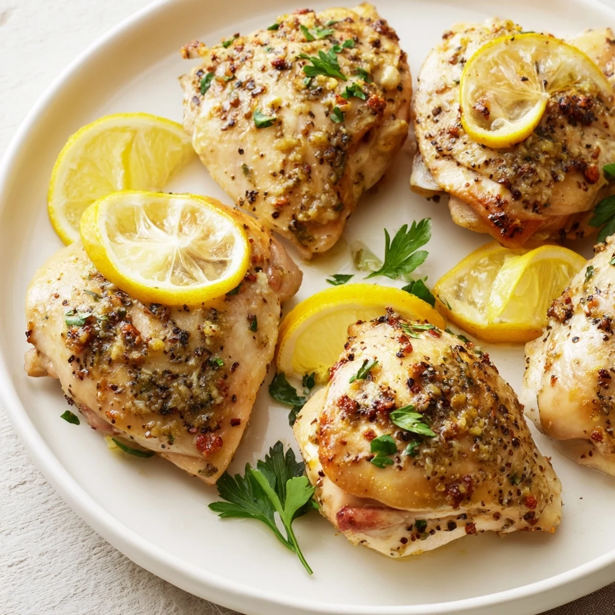 Close-up of juicy, tender Baked Lemon Pepper Chicken with lemon slices, a simple yet delicious American meal.