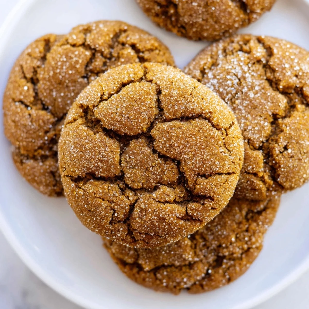 Warm, freshly baked spiced molasses cookies, coated in sugar, ready for a delicious treat.