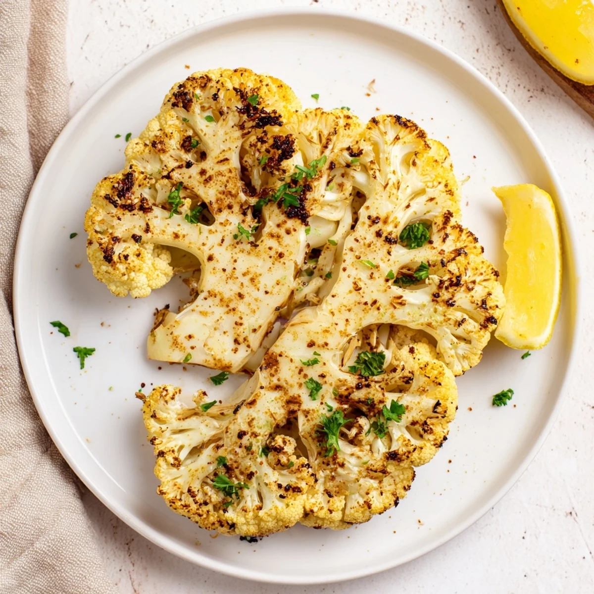 Beautifully seasoned Roasted Cauliflower Steaks, served hot with parsley and a lemon wedge.