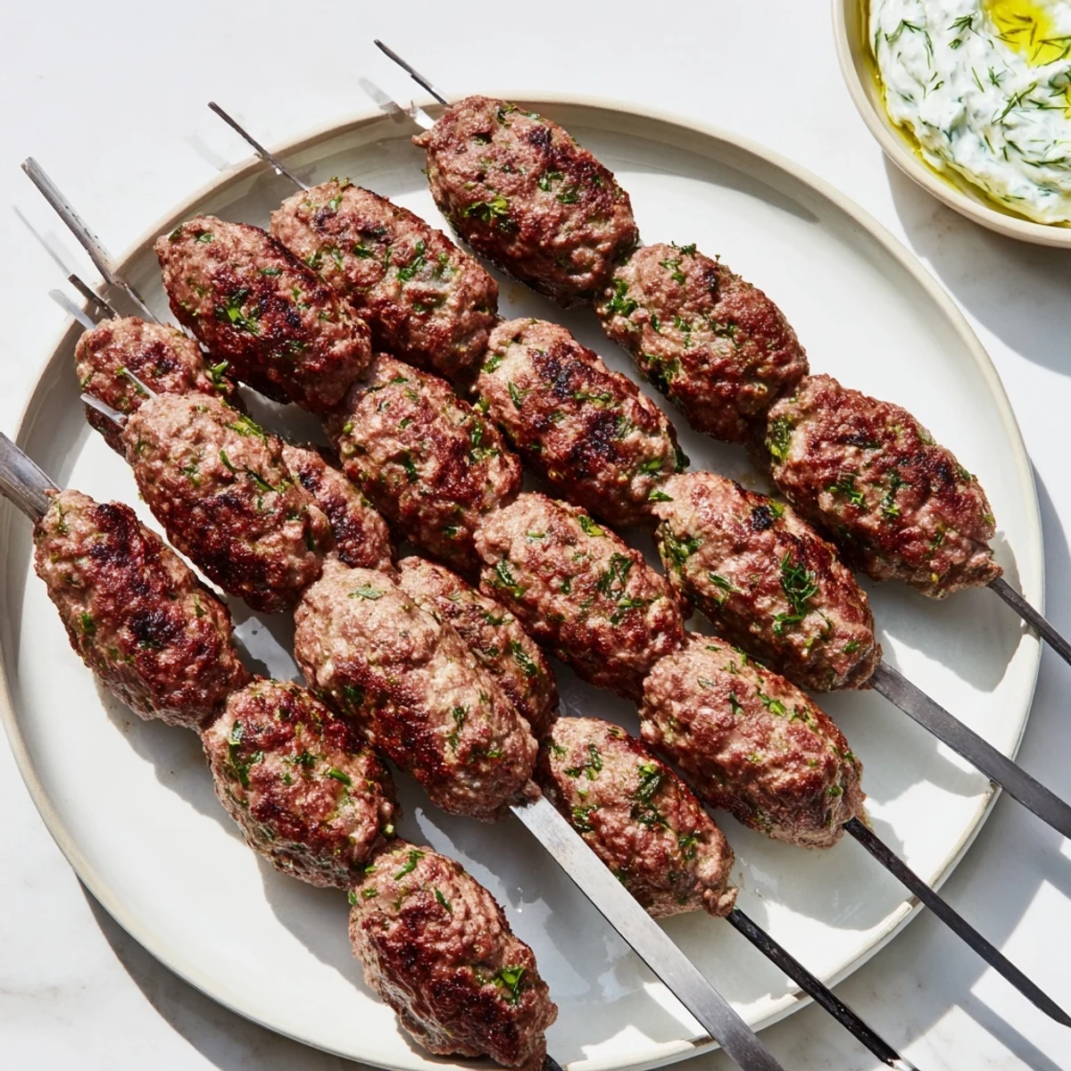 Grilled beef kofta skewers featuring vibrant spices alongside cool and creamy cucumber sauce.