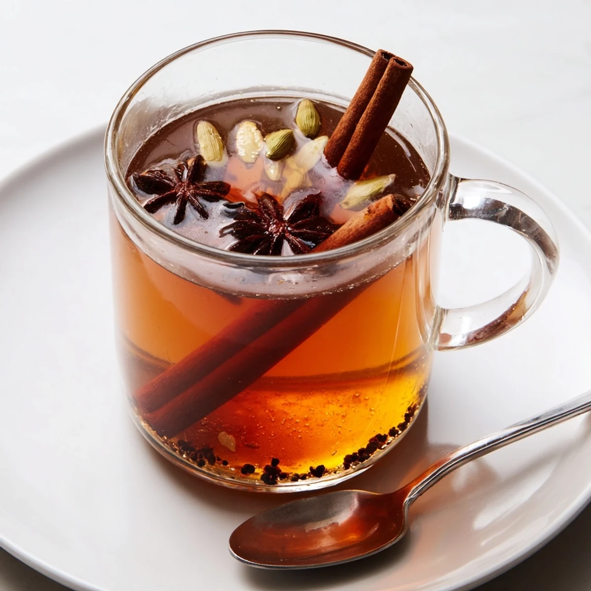 Steaming Winter Spice Tea Blend, ruby red, offering comforting warmth for a chilly evening.