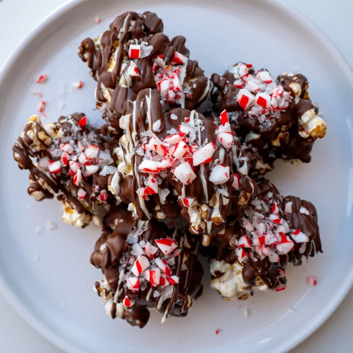 Sweet, crunchy Peppermint Bark Popcorn drizzled with white chocolate and crushed peppermint pieces.