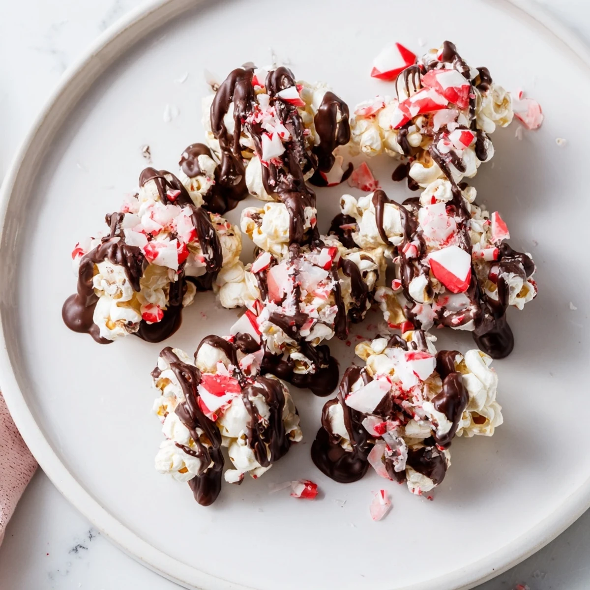 Homemade Peppermint Bark Popcorn, a festive treat with layers of dark and white chocolate.