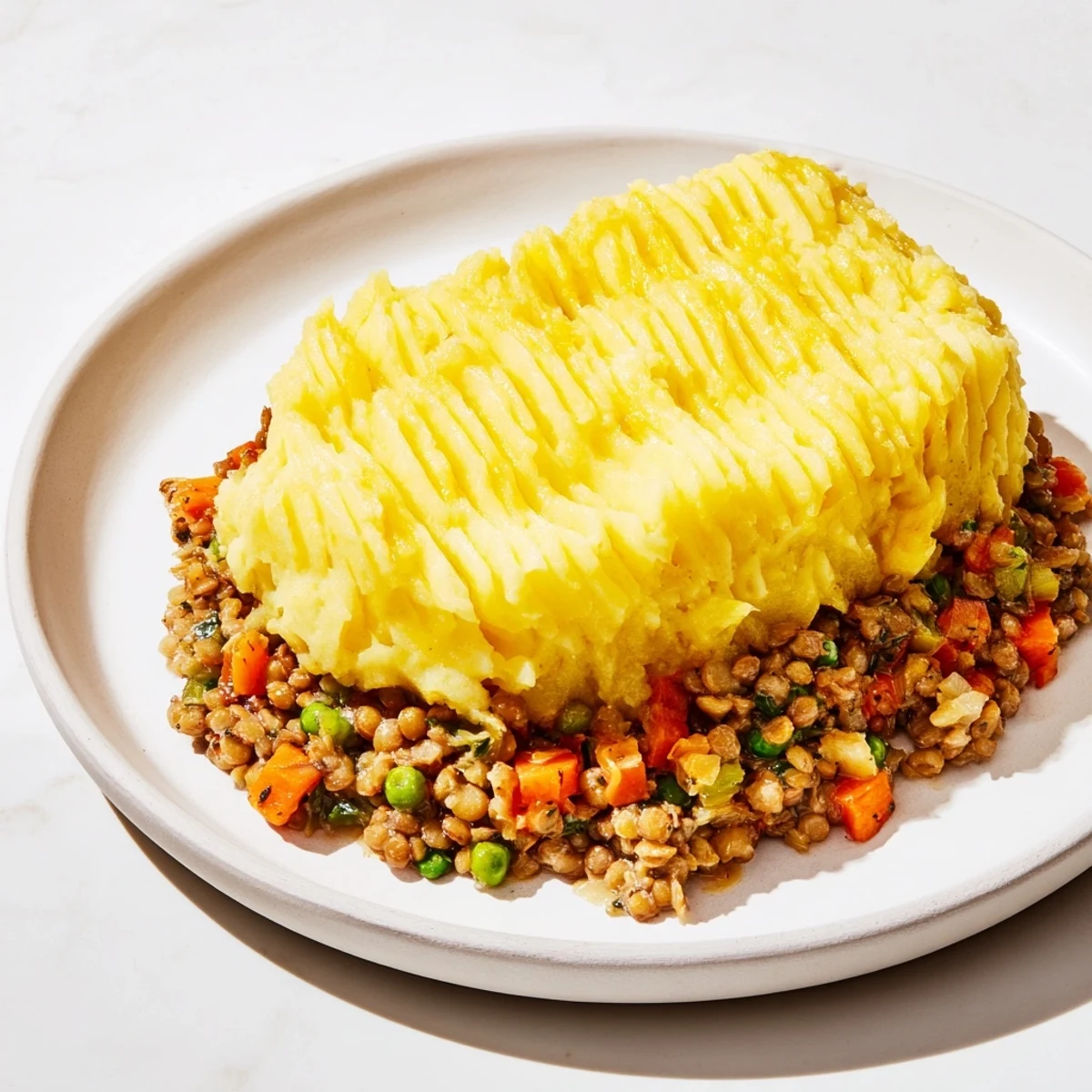 Homemade Savory Lentil Shepherd's Pie, a generous helping of creamy mashed potatoes and lentils.
