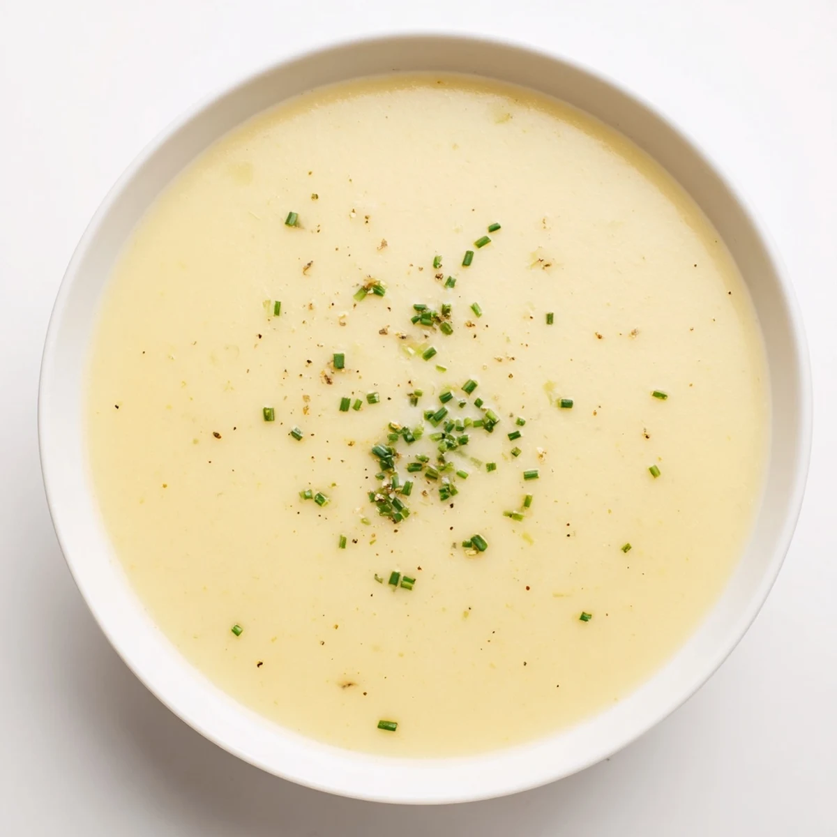 A steaming bowl of creamy potato leek soup, garnished with chives for serving.