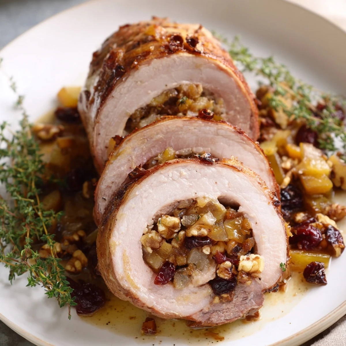 Juicy Cranberry Apple Stuffed Pork Loin, a golden roast with a flavorful, fruity filling ready to eat.