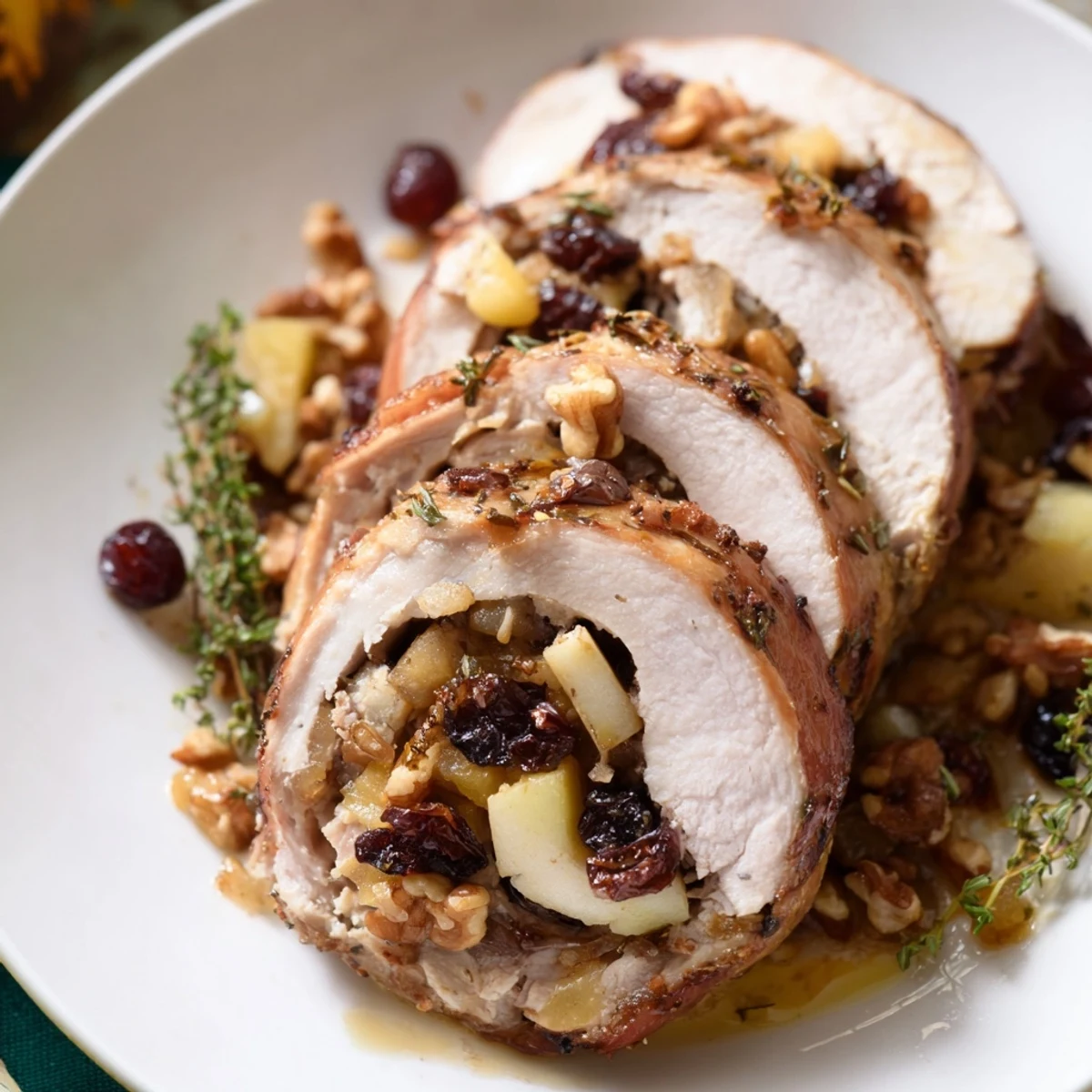Close-up of a perfectly roasted Cranberry Apple Stuffed Pork Loin, glistening and ready to serve beautifully.