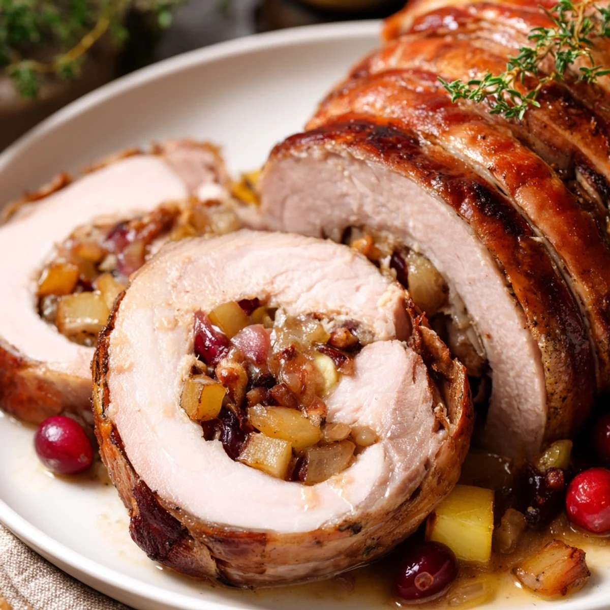 Festive Cranberry Apple Stuffed Pork Loin, sliced and showing the vibrant filling, perfect for a holiday meal.