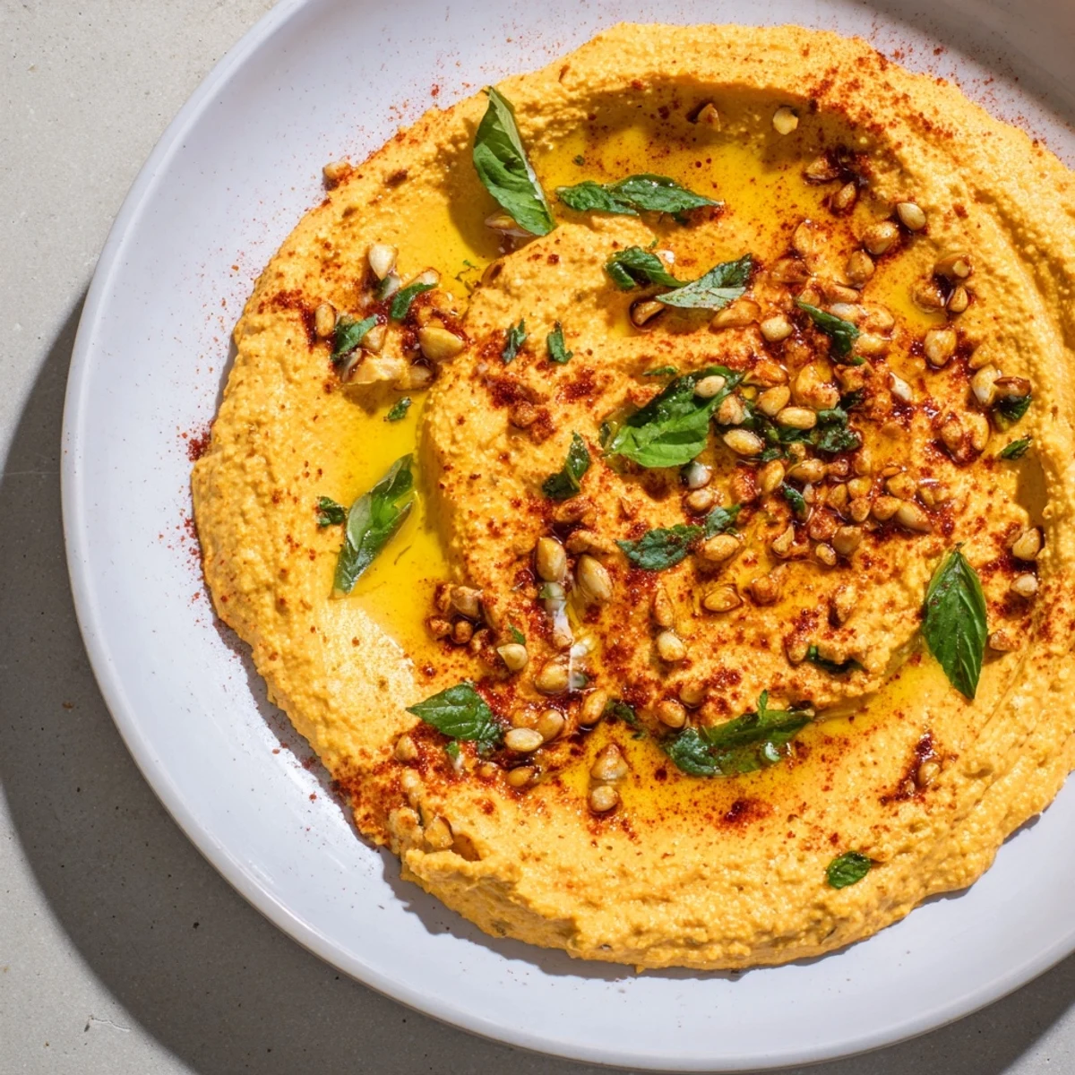 Creamy Spiced Pumpkin Hummus, swirled, drizzled with olive oil, ready for dipping vegetables or pita.