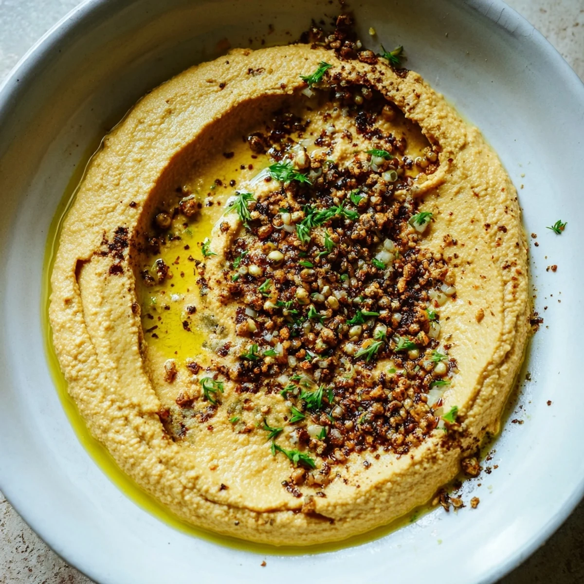 Vibrant Spiced Pumpkin Hummus, garnished with pepitas and parsley, offering a taste of comforting autumn.