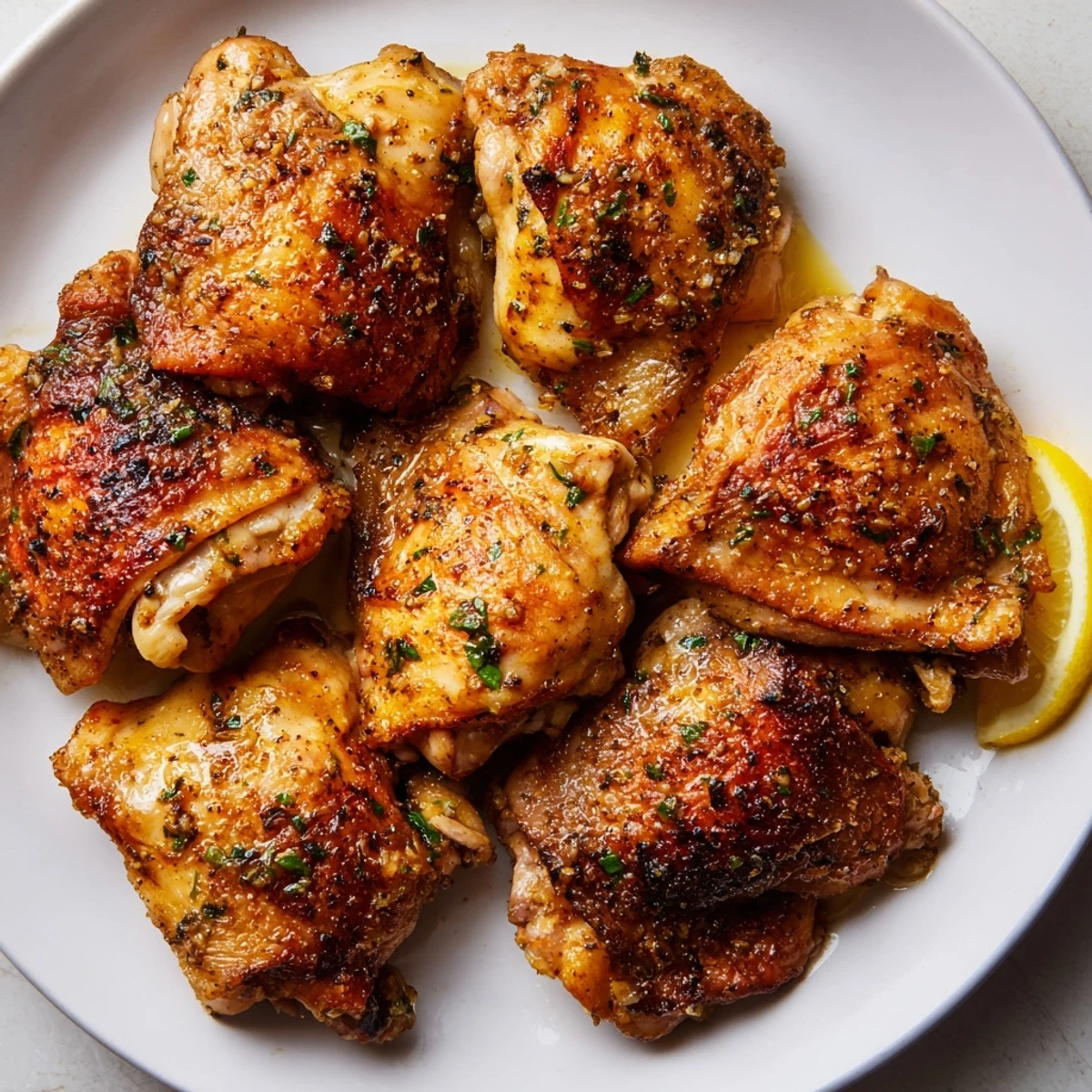 Aromatic Garlic Chicken Thighs, roasted to perfection, filled with flavorful juices and herbs for dinner.