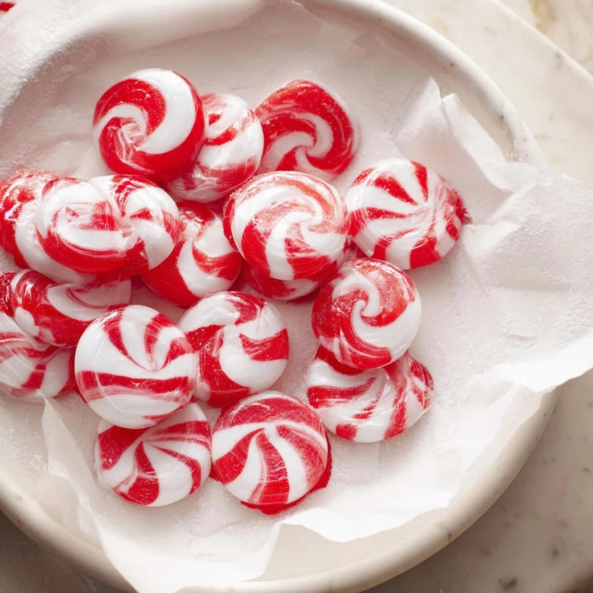 A close-up of swirled Peppermint Twist Candy, showing its vibrant red and white layers.
